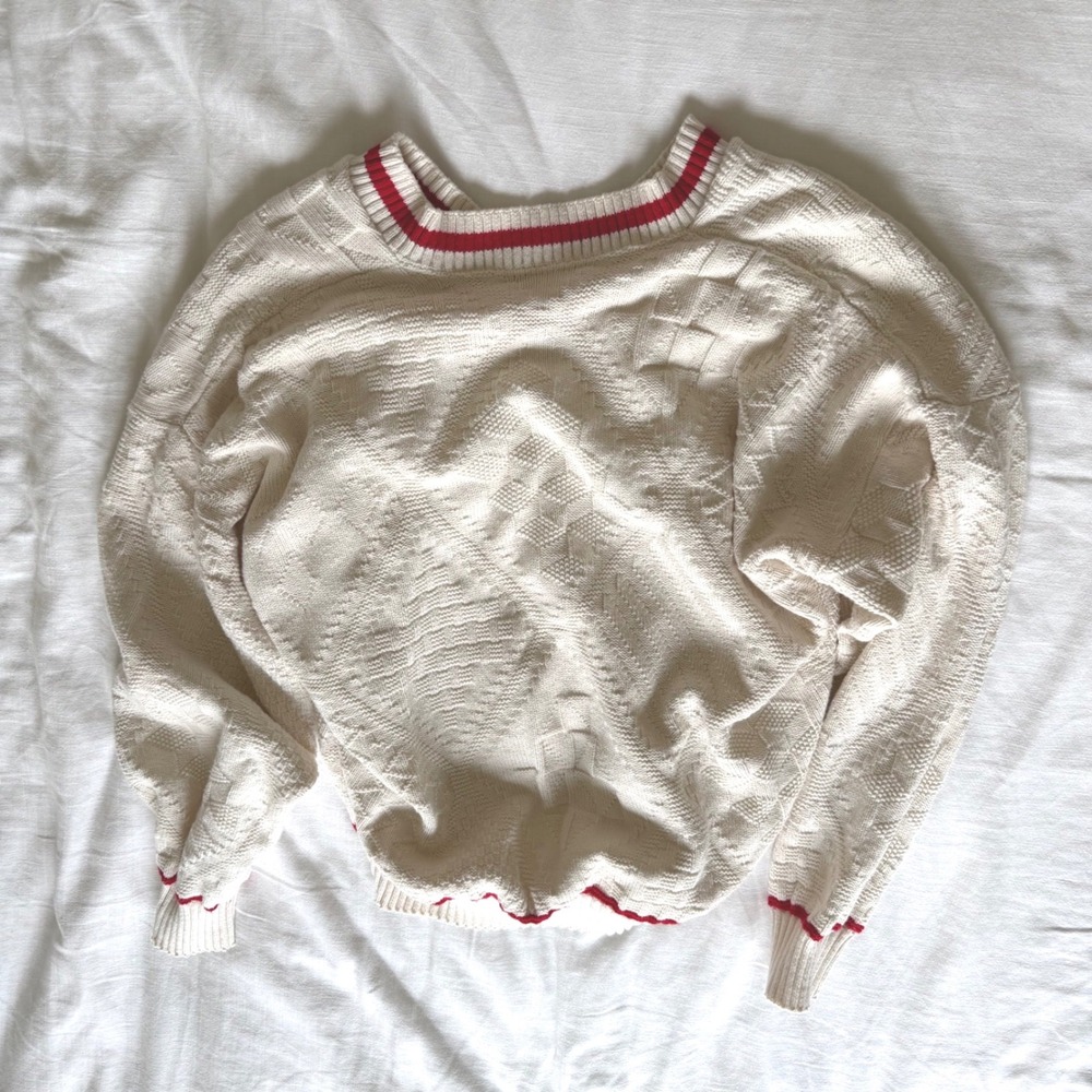 Vintage 80's V-Neck Cotton Knit Sweater Cream Red Stripe Varsity Made in USA XL - Picture 3 of 6